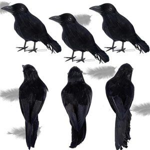 6 Pack Halloween Black Feathered Crows, Halloween Birds Decoration